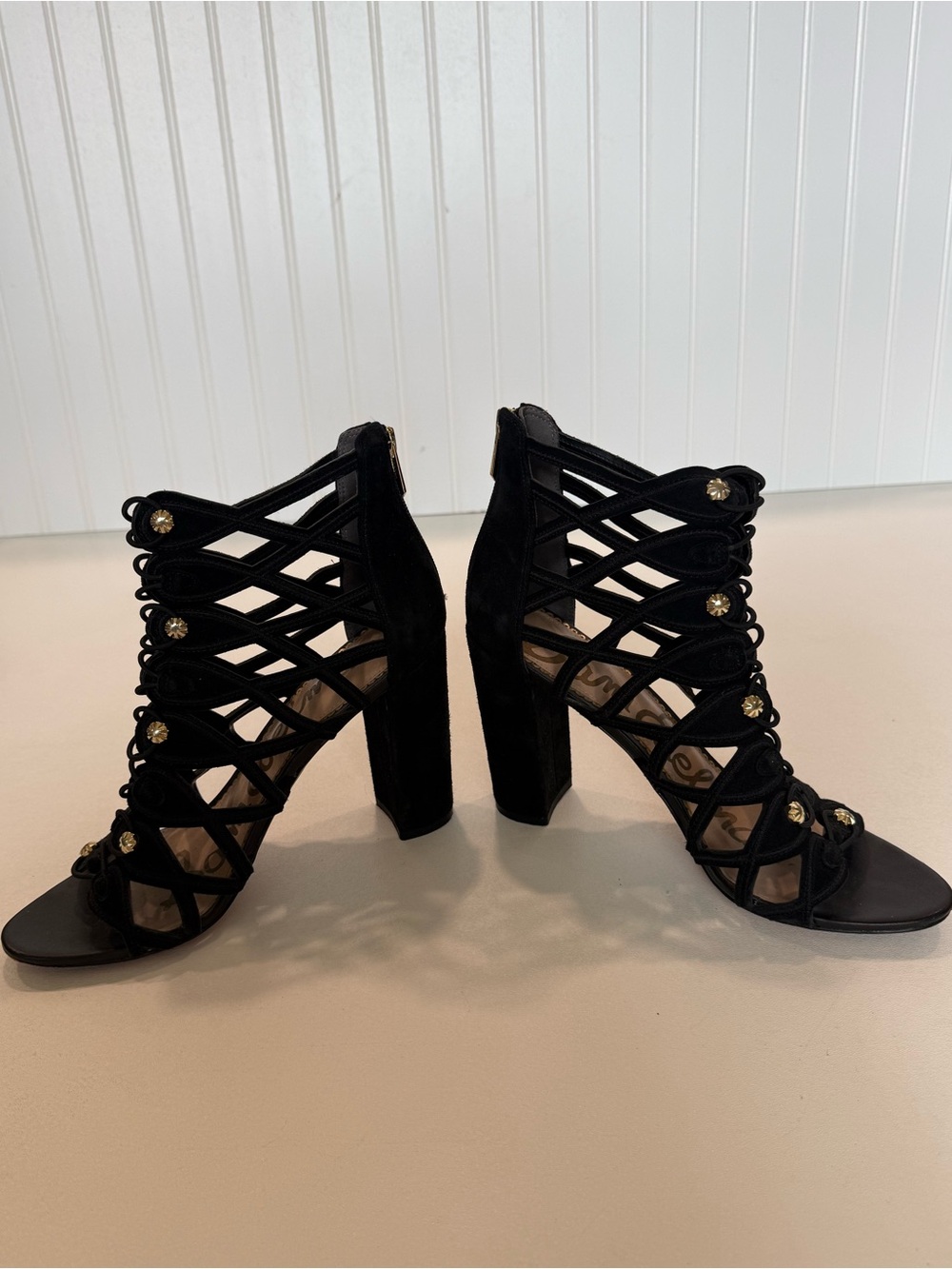 Sam Edelman Yeager Black Studded Caged Heels Sandals Gold Womens Size 10